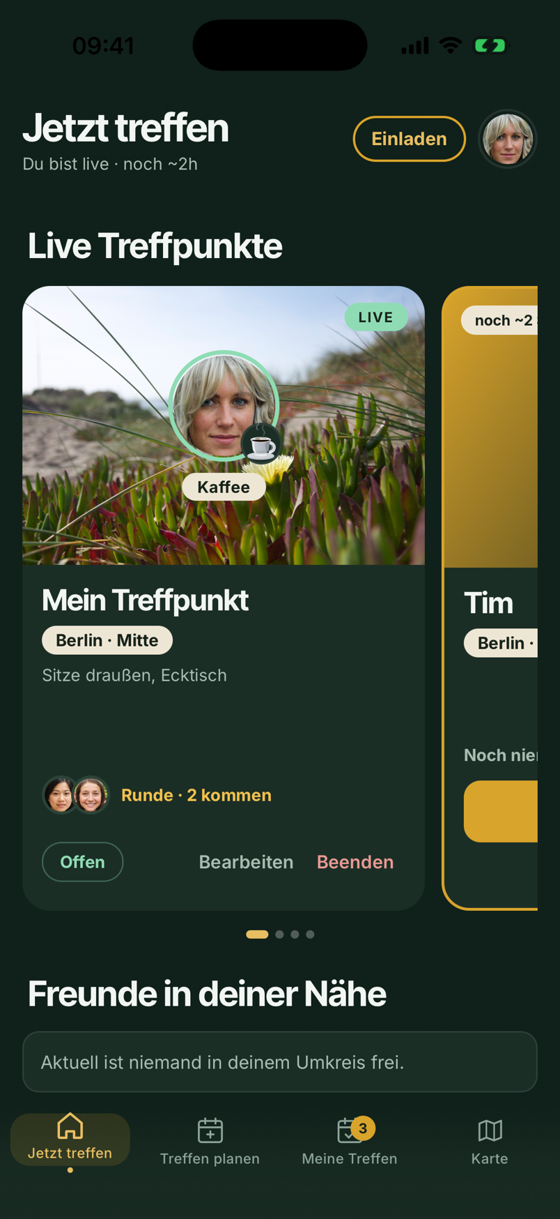 freimo zeigt Freunde, die gerade spontan Zeit haben, mit Aktivität und Entfernung.