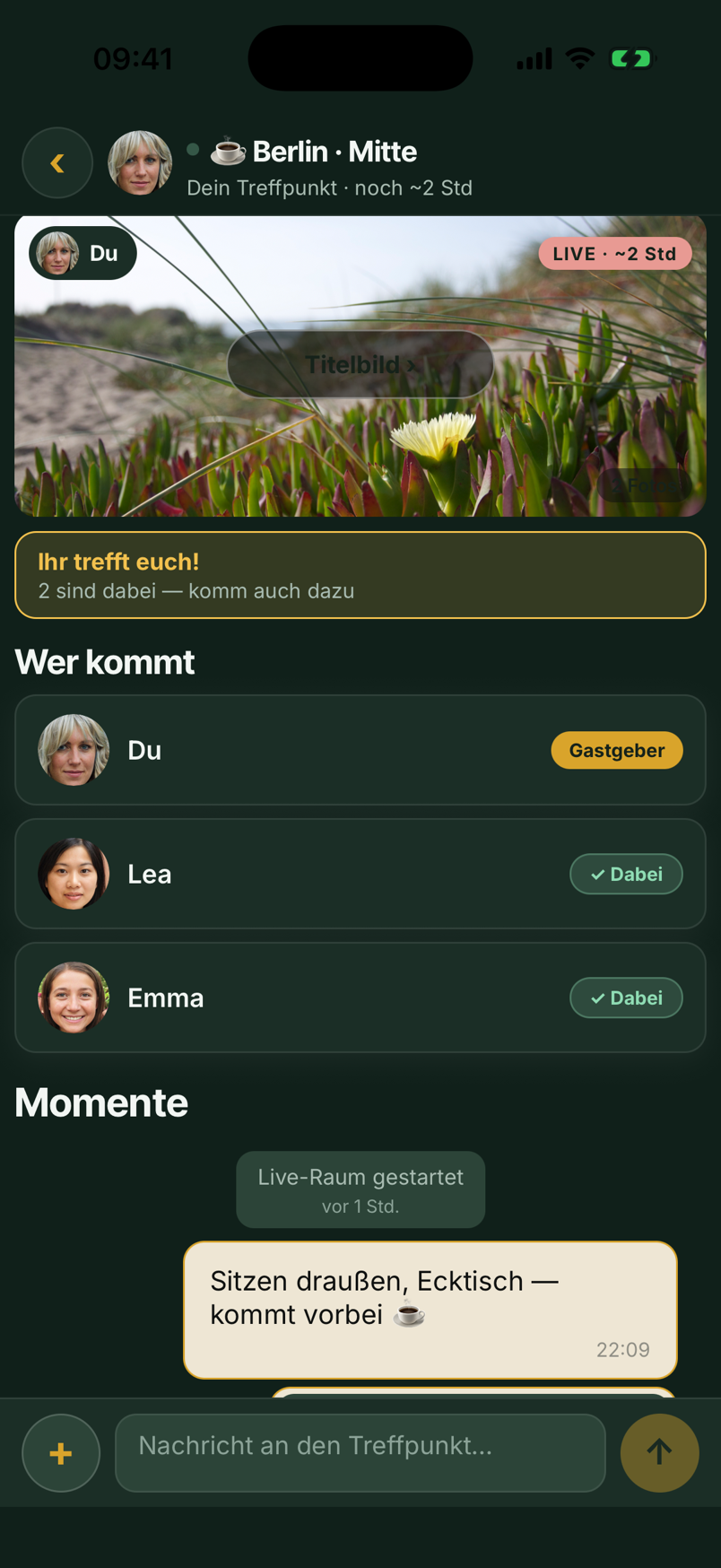 Live-Treffpunkt in freimo: zwei Freundinnen sind bereits dabei, der Gastgeber sieht die Runde und kann den Treffpunkt schließen.