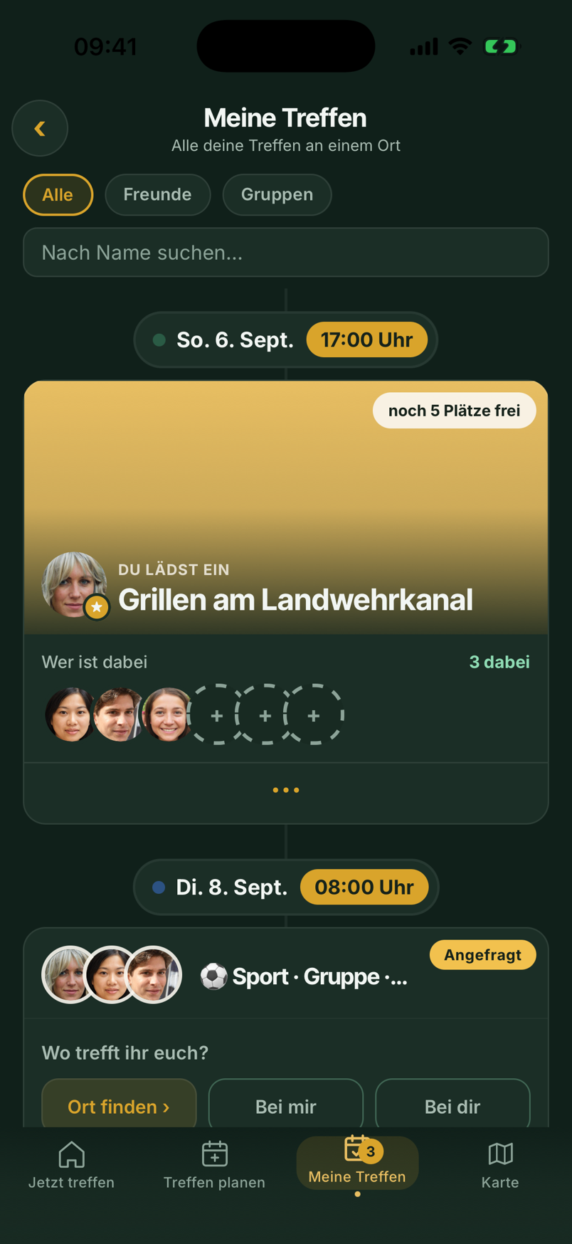 Offenes Treffen in freimo mit Anlass, Uhrzeit, Ort und drei Freunden, die bereits zugesagt haben.