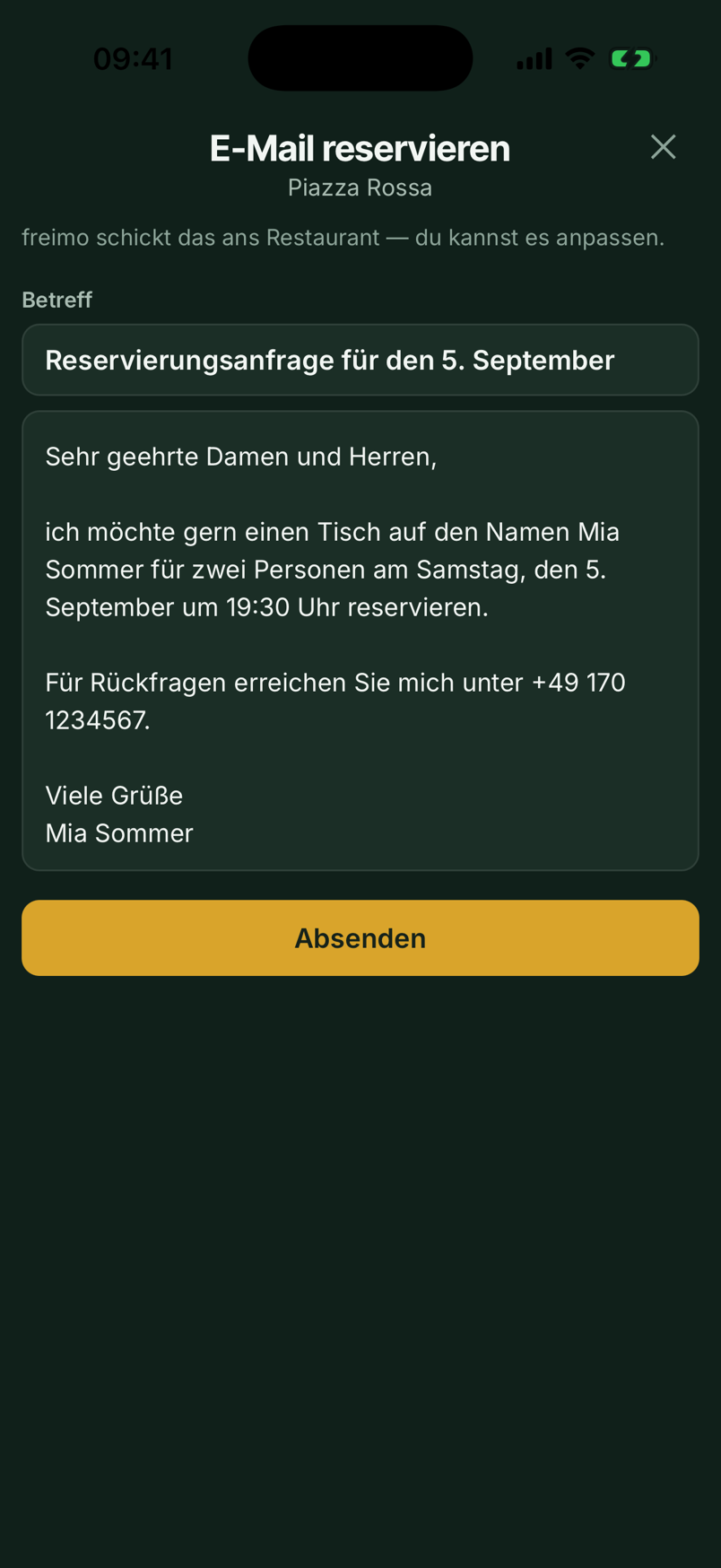freimo hat eine Reservierungs-E-Mail an ein Restaurant vorformuliert, die vor dem Absenden bearbeitet werden kann.
