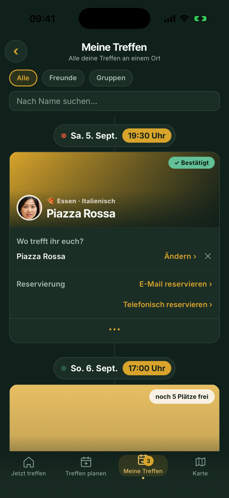 Bestätigtes Treffen in freimo mit Uhrzeit, Ort und den Zusagen der Freunde.